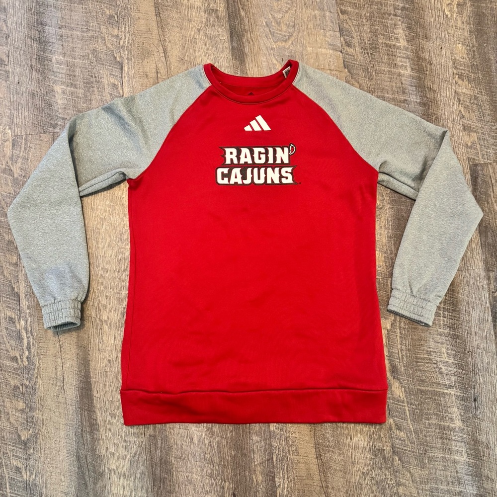 Adidas Ragin’ Cajuns Sweatshirt Medium Red Gray Long Sleeve Pullover NCAA - Picture 1 of 7